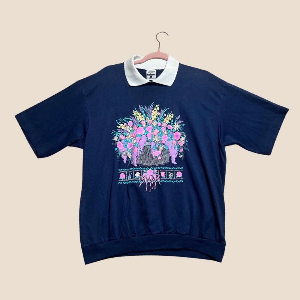 Vintage 90s Gopher Sport Floral Puff Print Short Sleeve Sweatshirt Navy Large